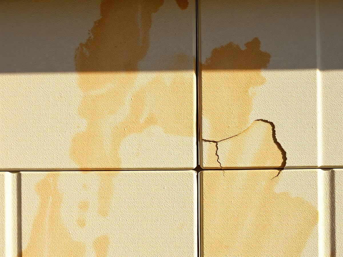 Close-up of a chalky, sun-damaged garage door finish