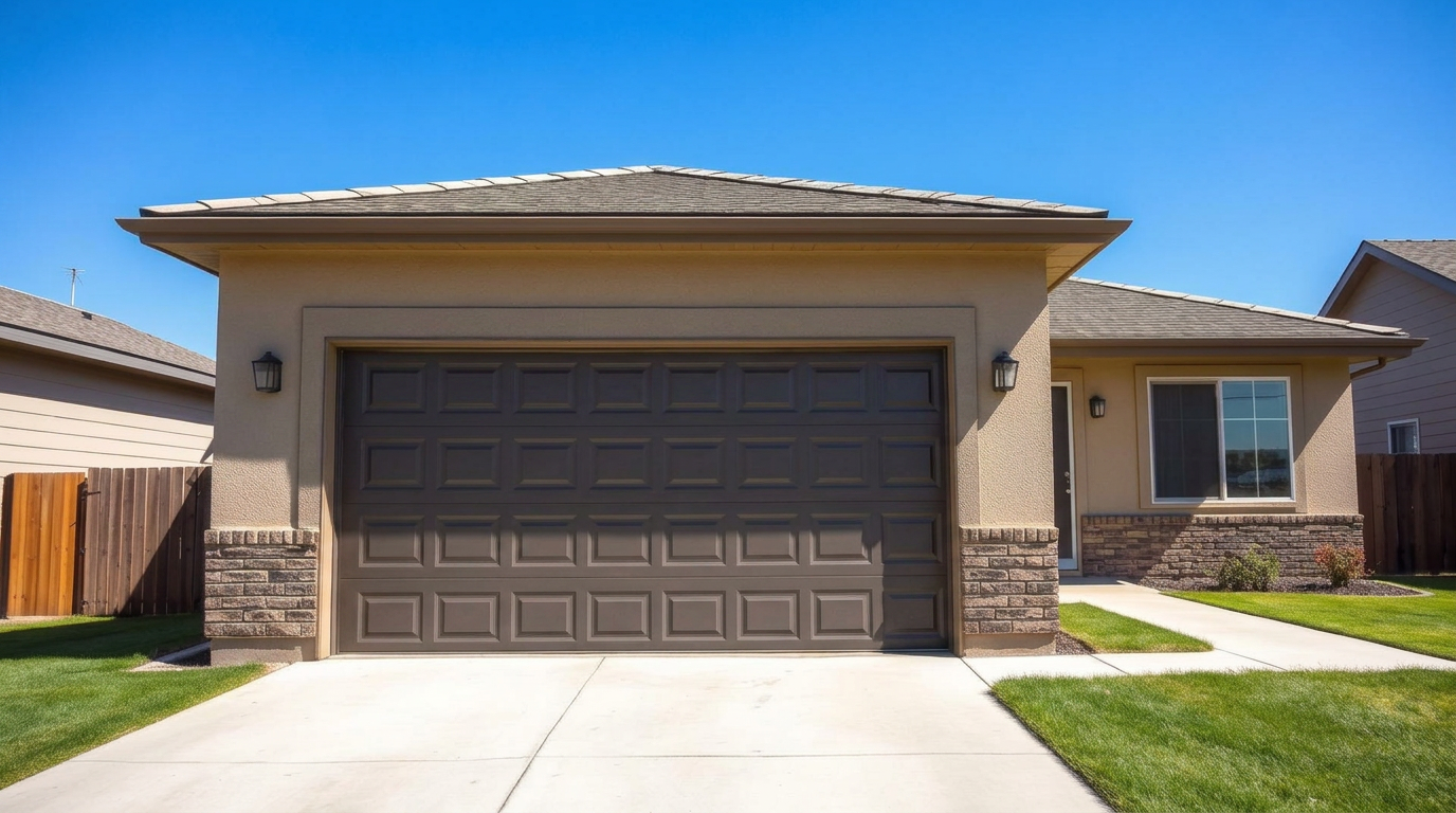 Suburban Idaho home with a freshly refinished garage door